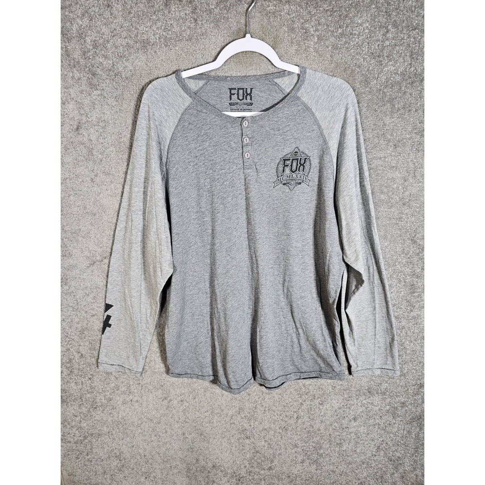 FOX Racing Henley Shirt Mens Size XL Gray Long Sleeve Graphic Print Grey